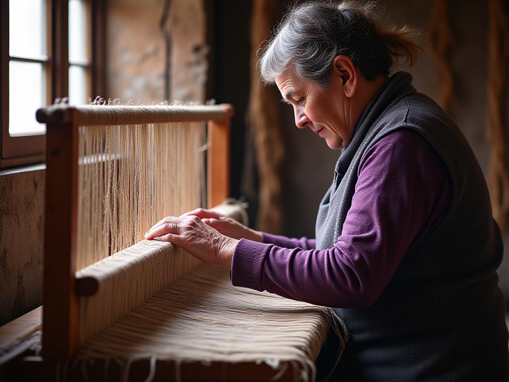 Artisan weaver working on an intricate loom in a rustic studio