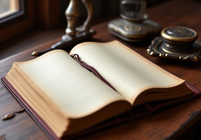 Hand-bound leather travel journal and vintage fountain pen on a mahogany desk