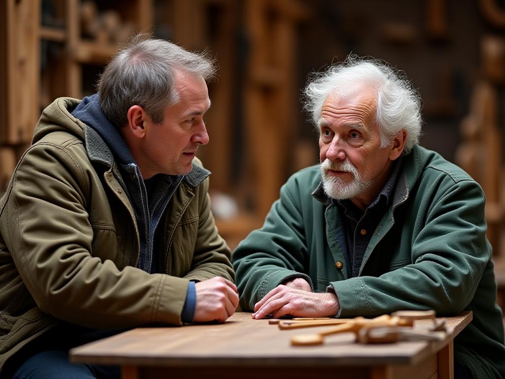Tour guide and local woodworker discussing a project